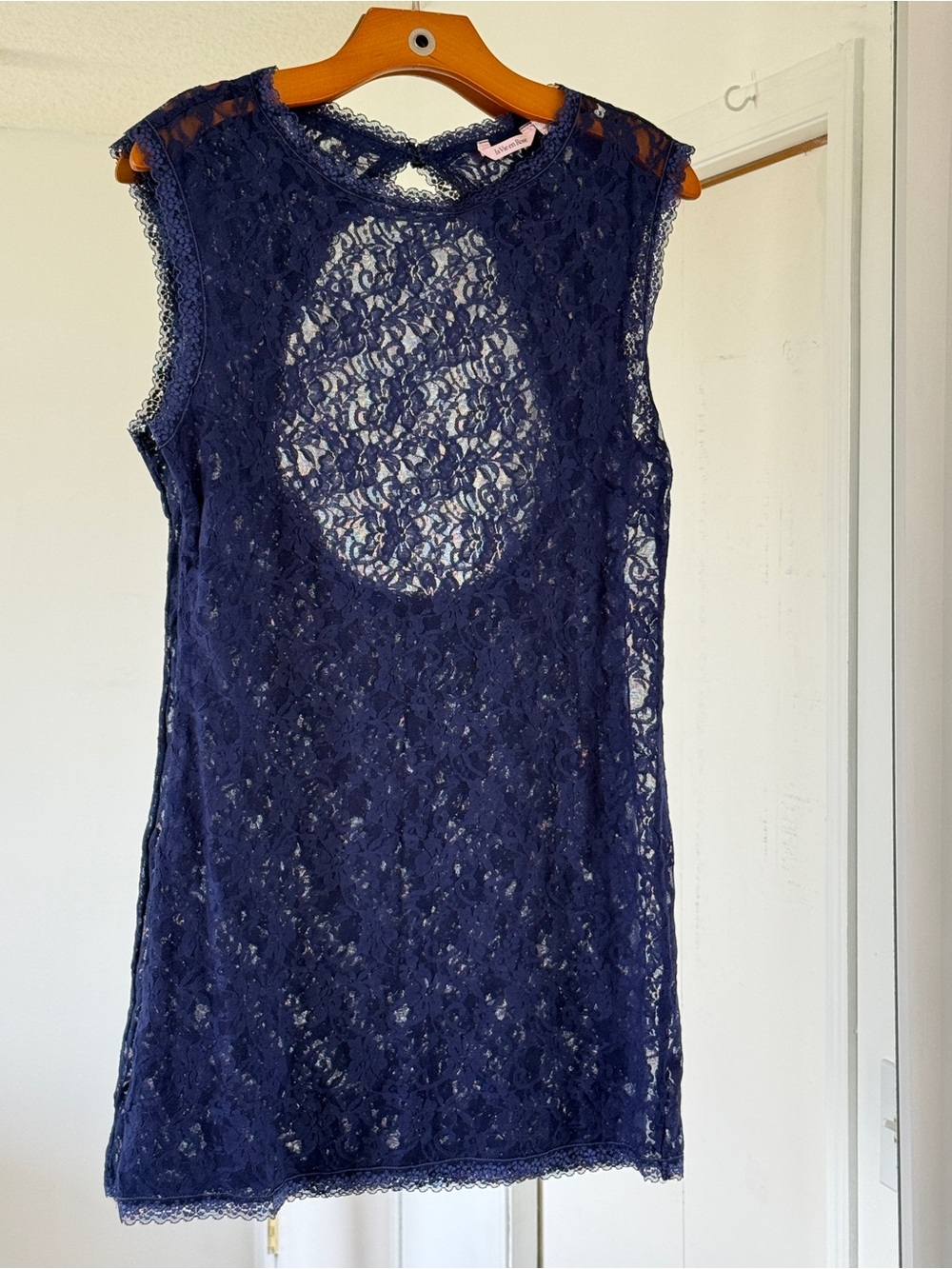 La Vie En Rose Dark Blue Full Lace Open Back Slip Dress Romantic Layering  L